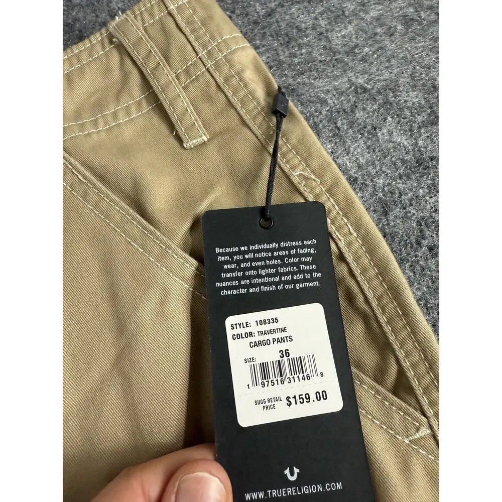 True Religion Jeans Mens 36x32 Cargo Pants Chino Khaki Flat Front N152